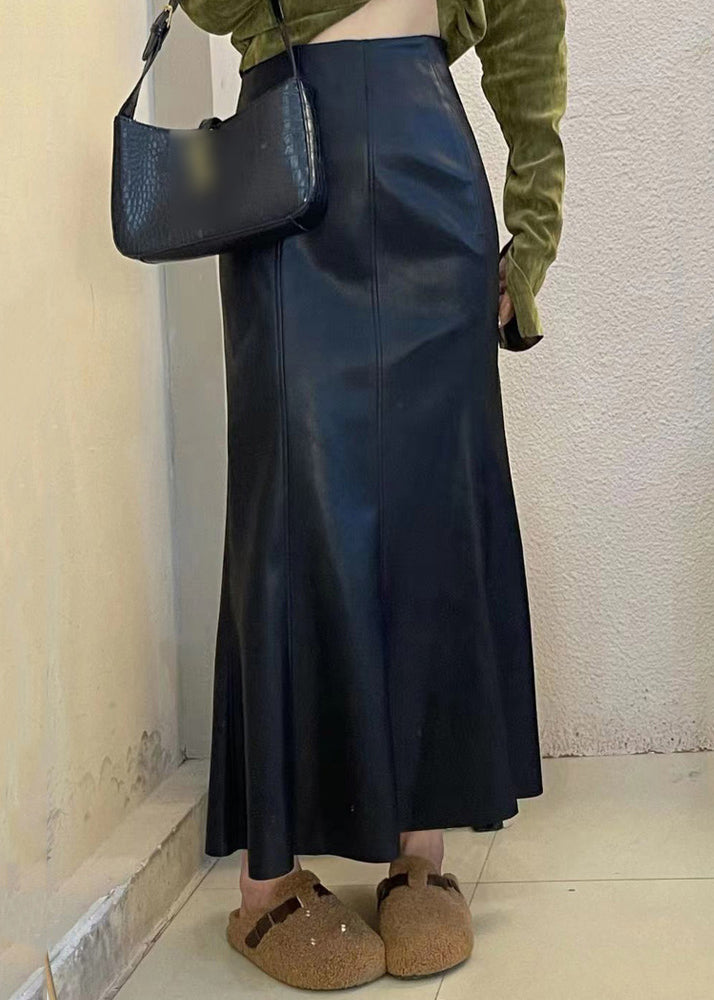 Simple Coffee Elastic Waist Faux Leather Skirt Fall