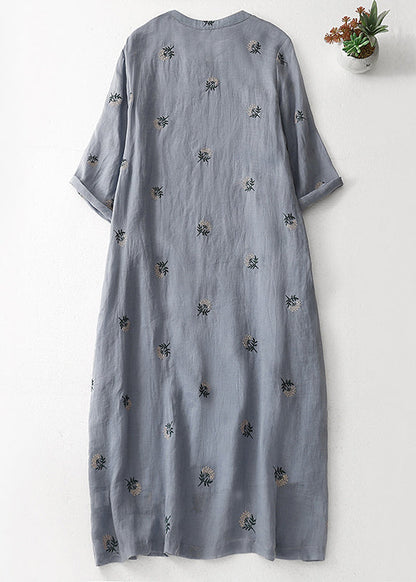 Grey Embroidered Button Cotton Dresses Half Sleeve