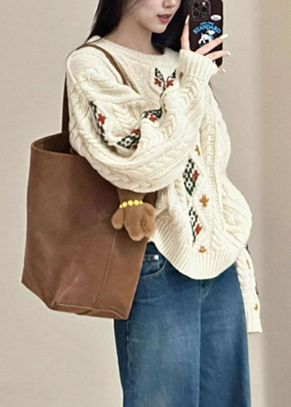 Loose Beige O Neck Plaid Cable Knitted Cotton Sweater Spring