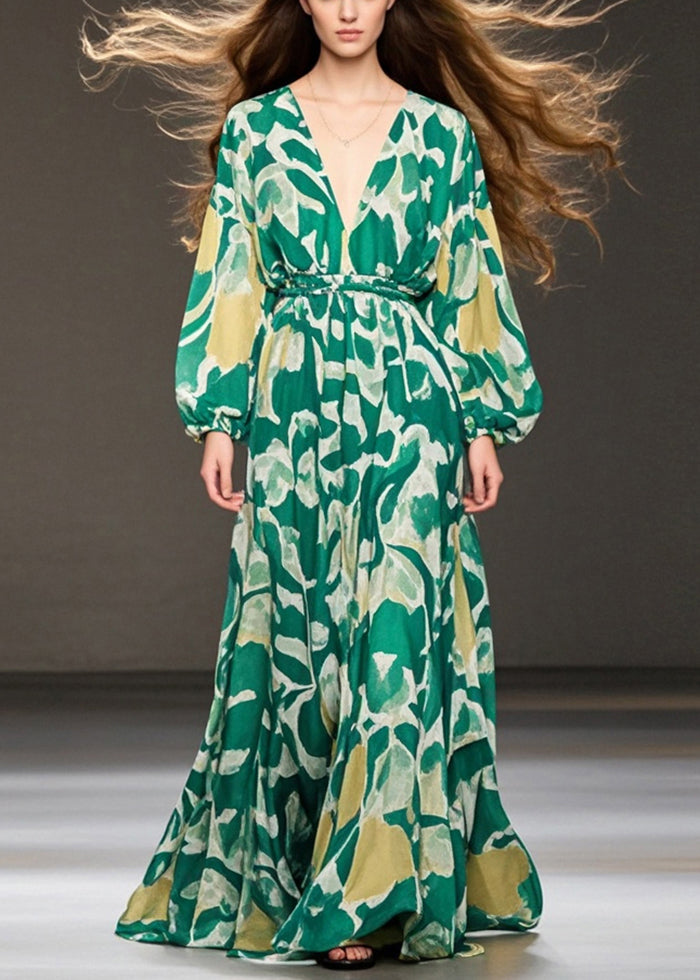 Green V Neck Print Chiffon Holiday Dresses Fall