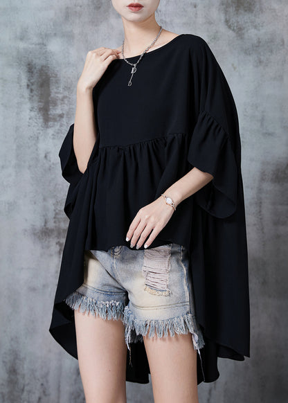 Black Oversized Low High Design Chiffon Tops Summer