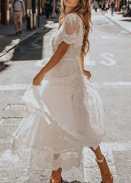 French White V Neck Patchwork Lace Long Dresses Summer