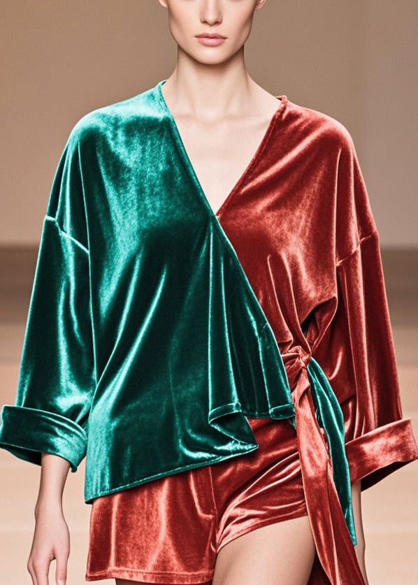 Colorblock Asymmetrical Patchwork Silk Velour Tops Fall