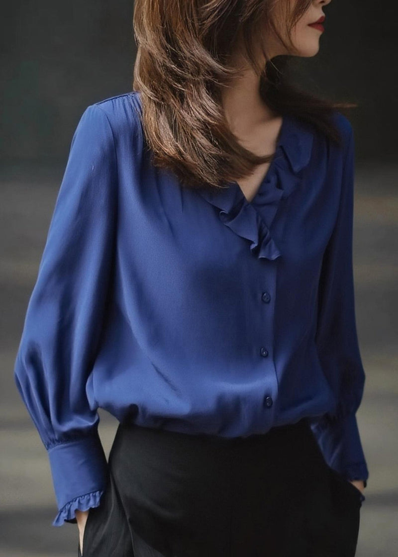 Blue Ruffled Draping Chiffon Blouses Spring