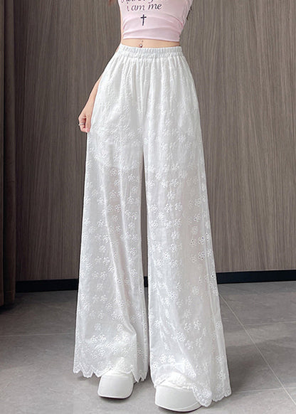 New White Hollow Out Elastic Waist Thin Cotton Wide Leg Pants Fall