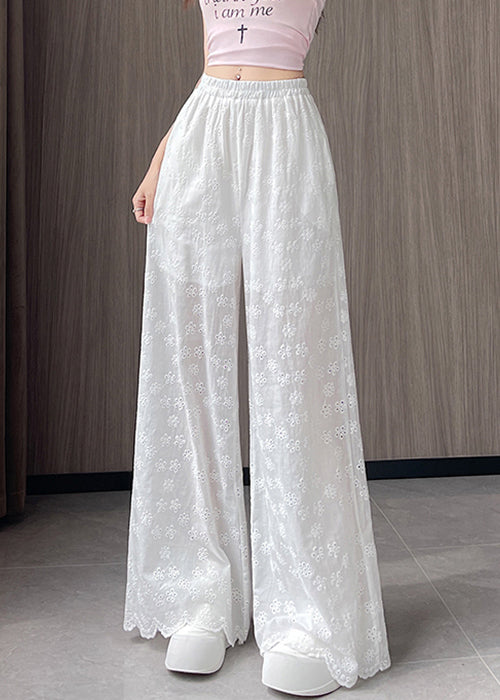 New White Hollow Out Elastic Waist Thin Cotton Wide Leg Pants Fall