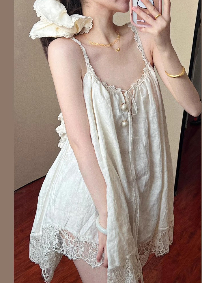 Beige Oversized Patchwork Lace Mini Dress Summer