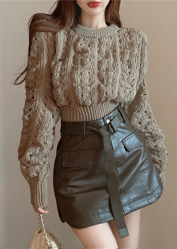 Green Puff Sleeve Hollow Out Knit Short Sweater Spring