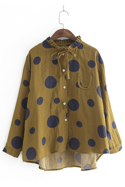-linen Polka Dot Print Shirt Long-sleeved Loose Top