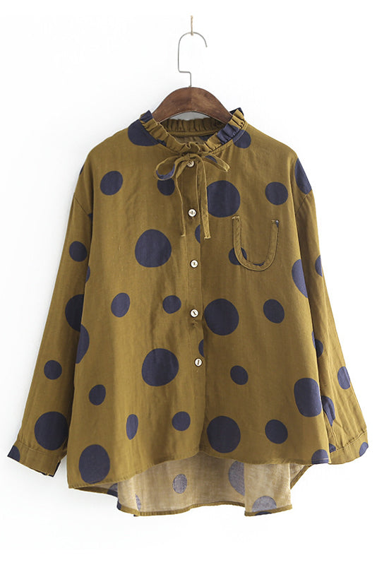 -linen Polka Dot Print Shirt Long-sleeved Loose Top