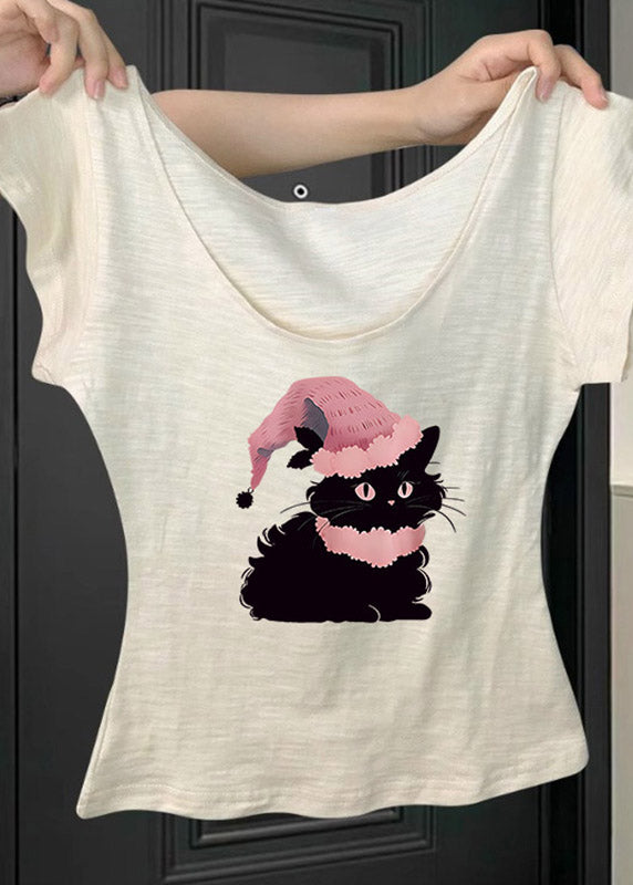 Pink U Neck Animal Print T Shirt Short Sleeve