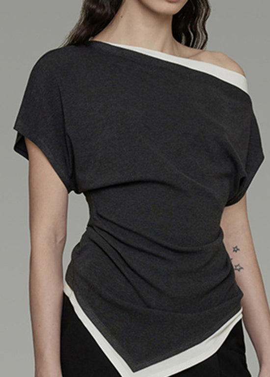 Dark Grey Cold Shoulder Asymmetrical Design Cotton Top Summer