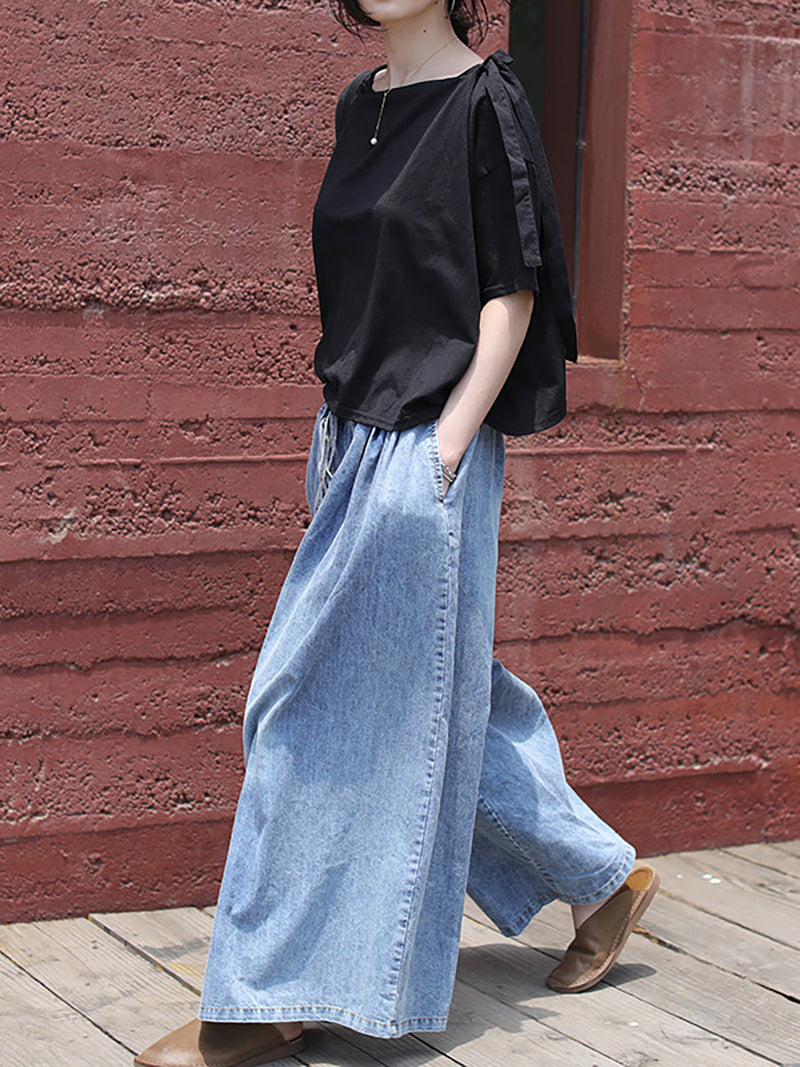 Drawstring Blue Denim Wide Leg Pants Jeans