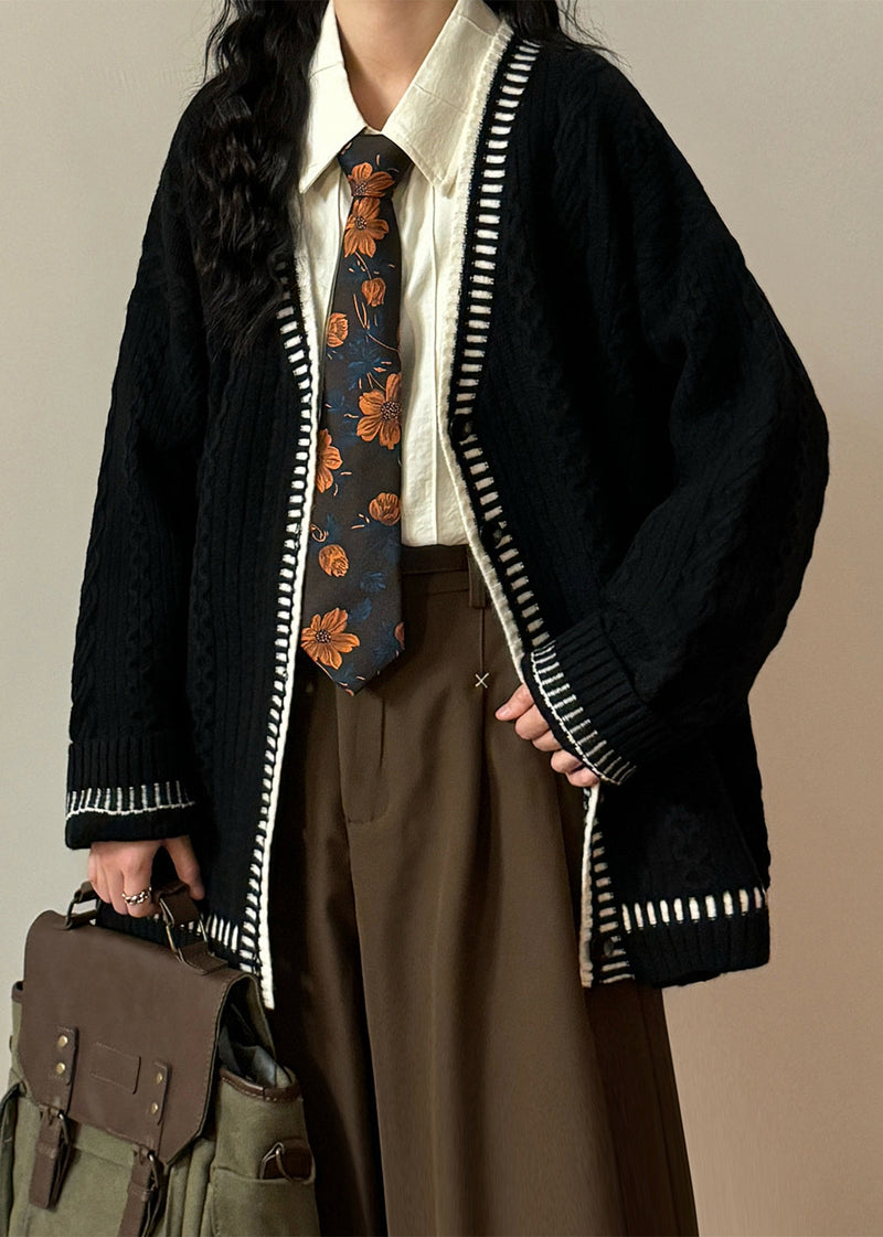 Coffee V Neck Button Cozy Cable Knit Coats Spring