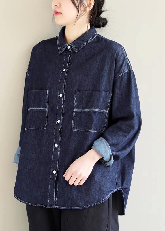 Lapel Pockets Spring Tops Pattern Denim Blue Shirt