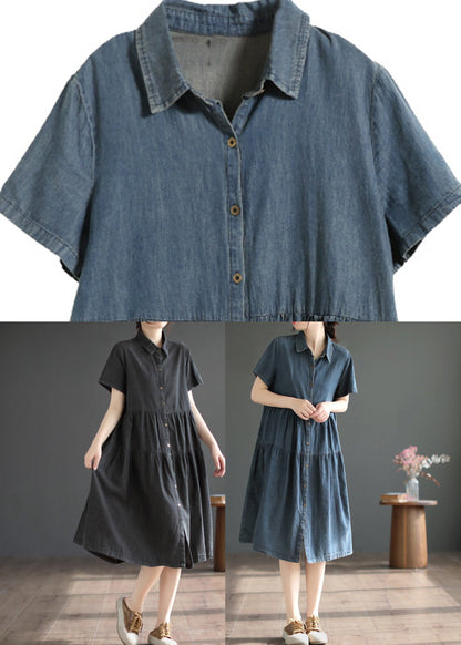 Retro Blue Patchwork Silk Vacation Denim Long Shirt Dresses Summer