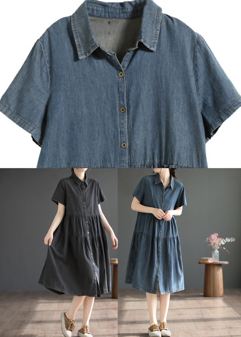 Retro Blue Patchwork Silk Vacation Denim Long Shirt Dresses Summer
