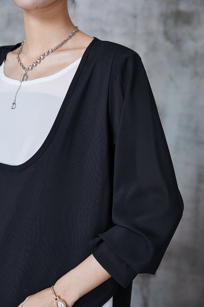 Modern Black U-neck Patchwork Chiffon Fake Two Piece Top Fall