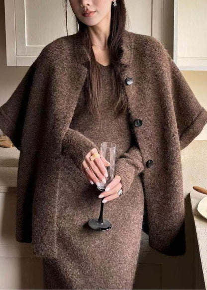 Original Coffee Fur Collar Knit Three Piece Set Batwing Sleeve