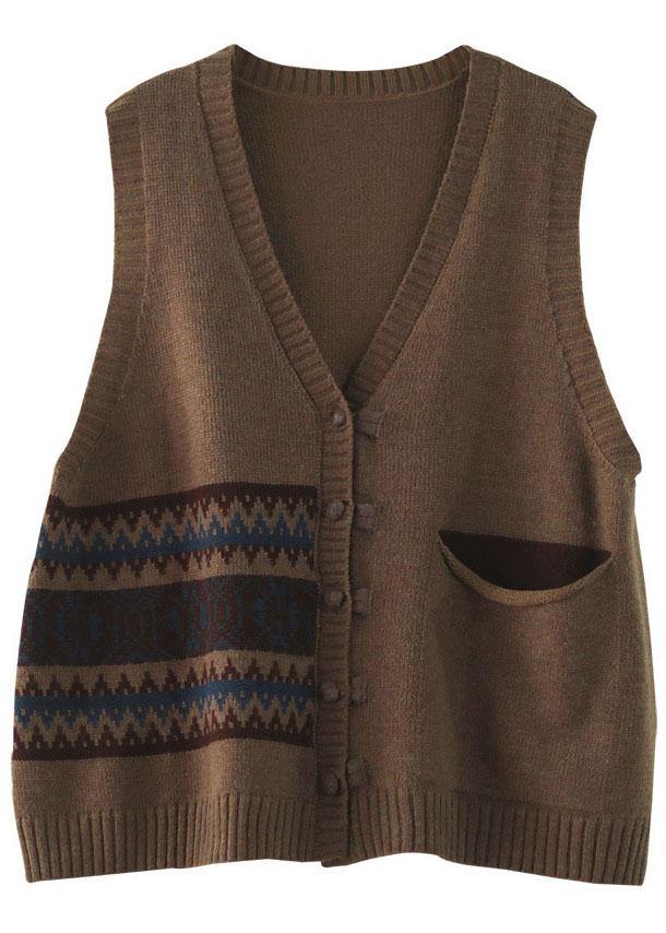Chocolate V Neck Button Fall Pockets Sleeveless Waistcoat