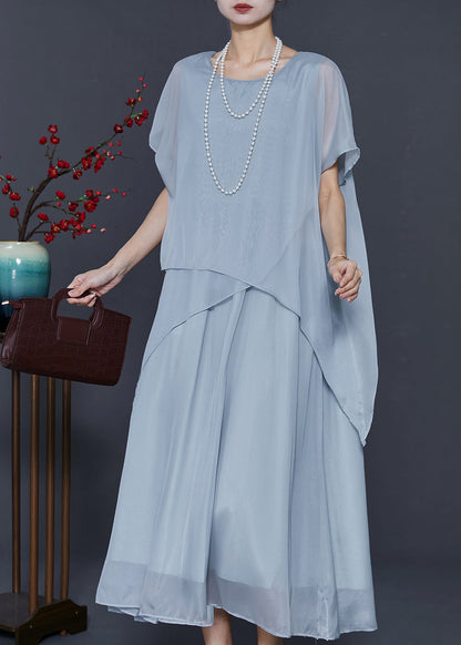 Light Grey Oversized Patchwork Silk Ankle Dress Summer