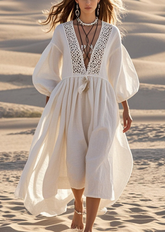 White V Neck Patchwork Lace Long Dresses Lantern Sleeve