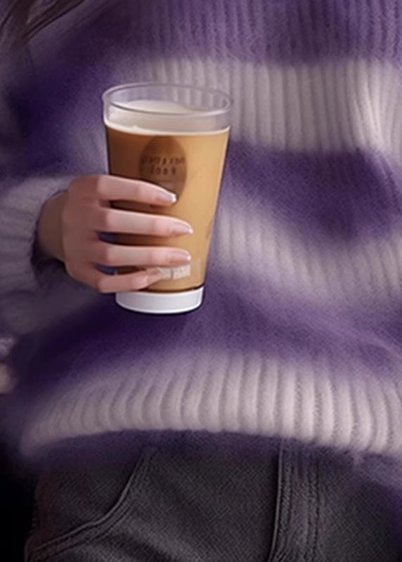 Purple O Neck Striped Cozy Knit Sweater Winter