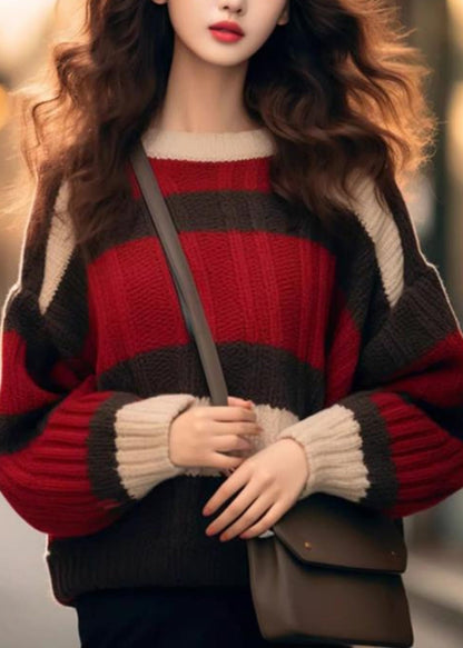 Red Striped Cozy Patchwork Knit Sweater Winter