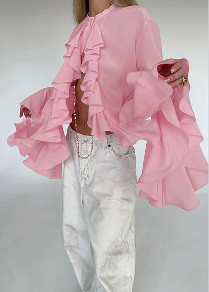 French White Ruffled Patchwork Chiffon Shirts Top Fall