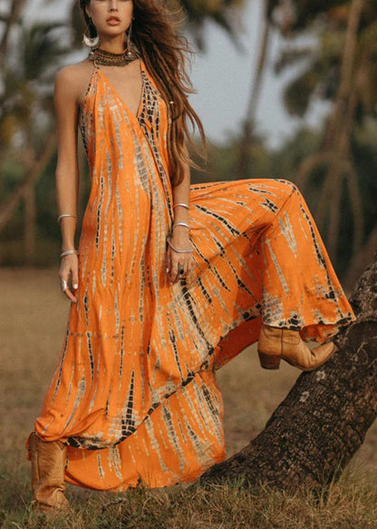 Orange V Neck Print Cotton Long Dress Sleeveless