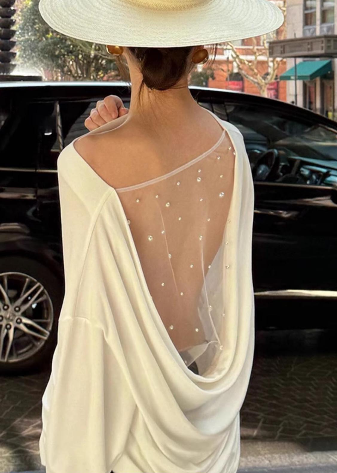 White Backless Patchwork Tulle Shirt Top Summer