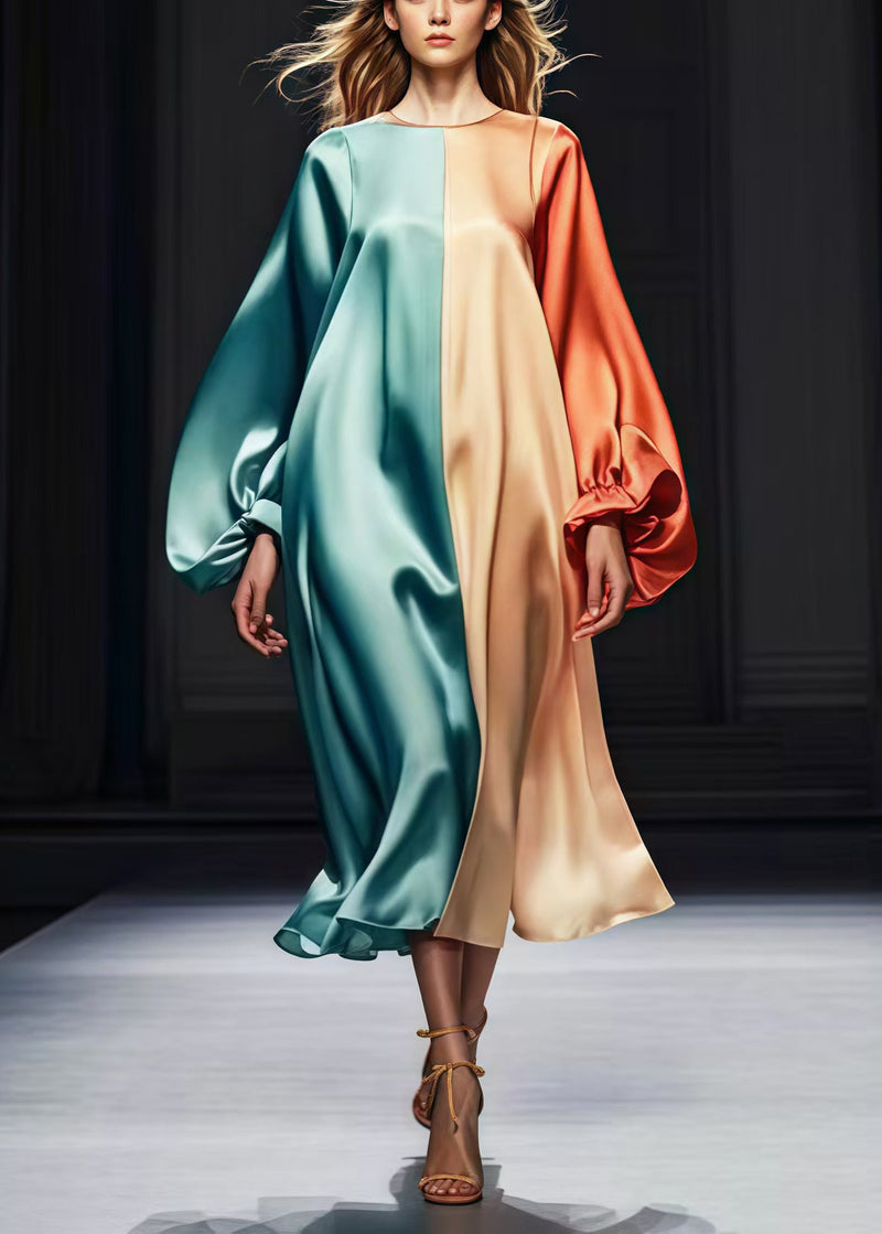 Colorblock Oversized Patchwork Silk Dress Lantern Sleeve
