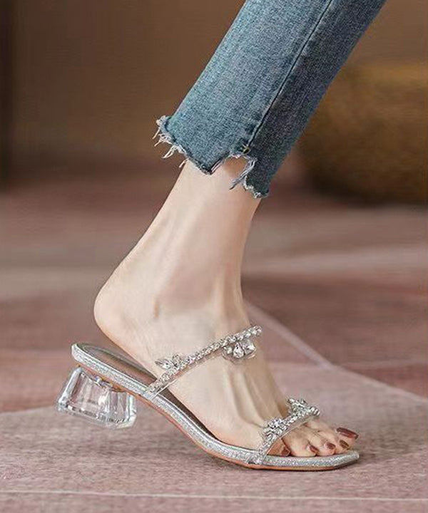 Silver Zircon Peep Toe Chunky Heel Slide Sandals