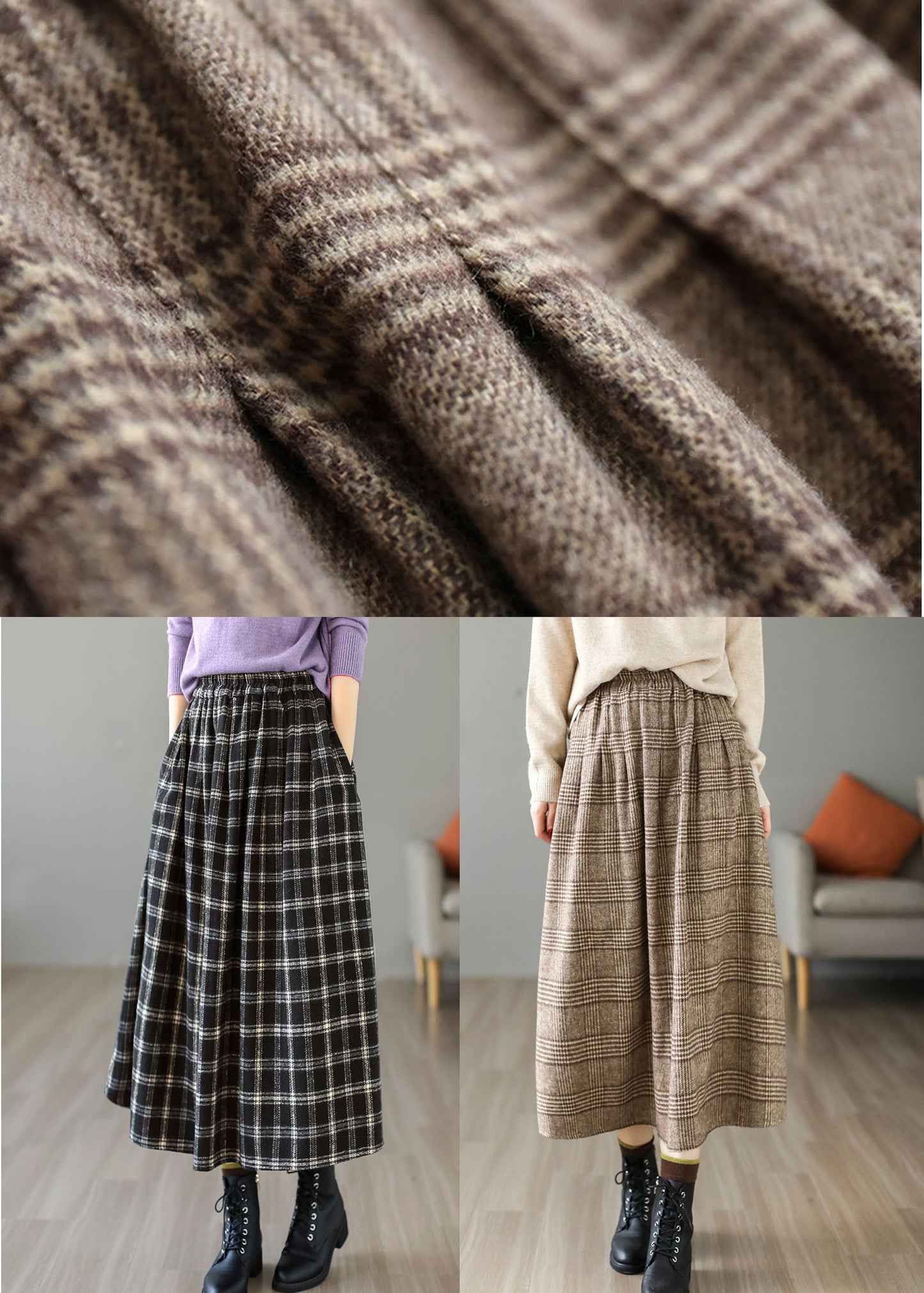Khaki Plaid Cotton a Line Skirt Elastic Waist Thick Spring