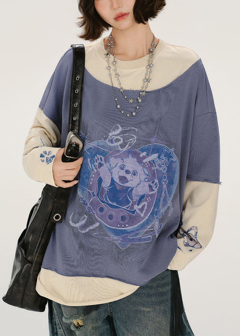 Lavender Oversized Patchwork Cotton Sweatshirt Spring