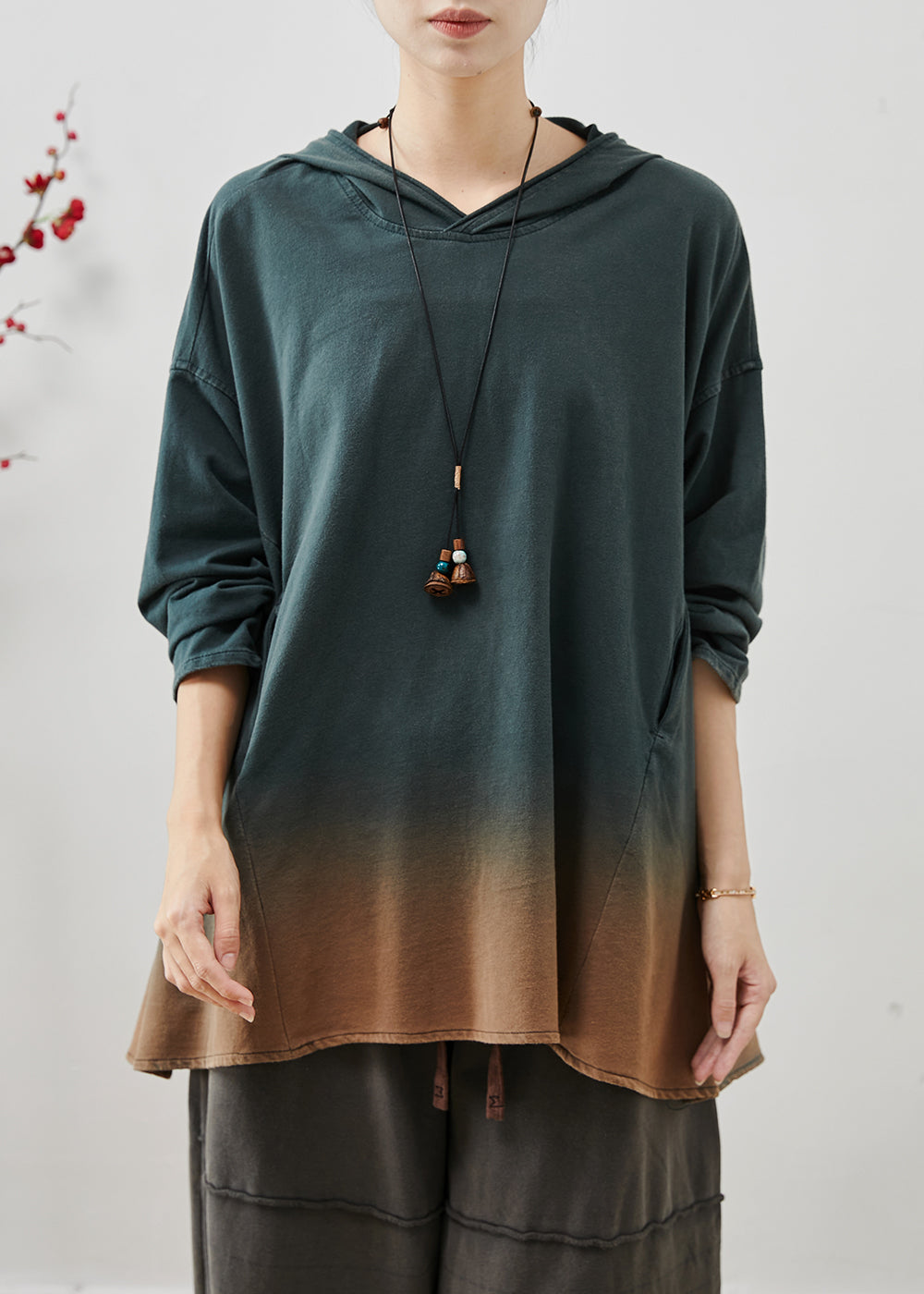 Art Gradient Color Hooded Oversized Cotton Pullover Sweatshirt Fall