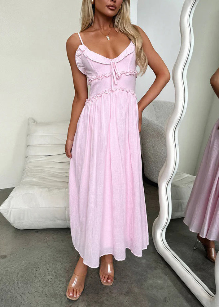 Pink Ruffled Patchwork Cotton Spaghetti Strap Dress Summer