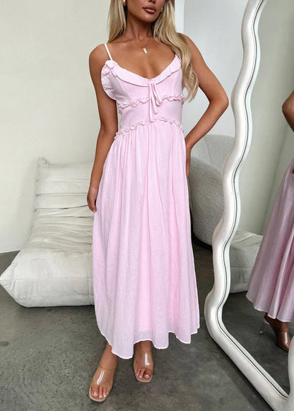 Pink Ruffled Patchwork Cotton Spaghetti Strap Dress Summer