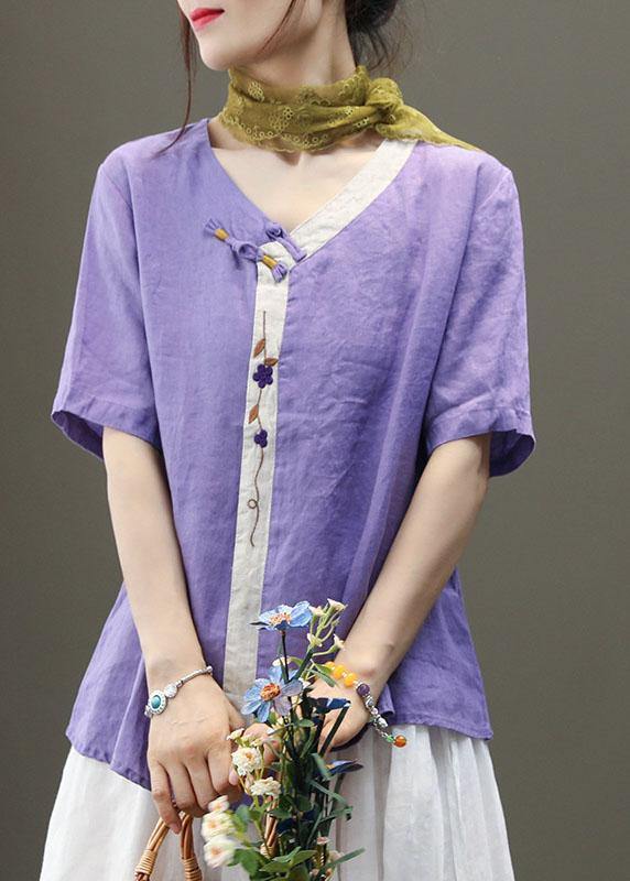 Purple Embroidered Asymmetrical Design Patchwork Summer Linen Blouse Top Short Sleeve