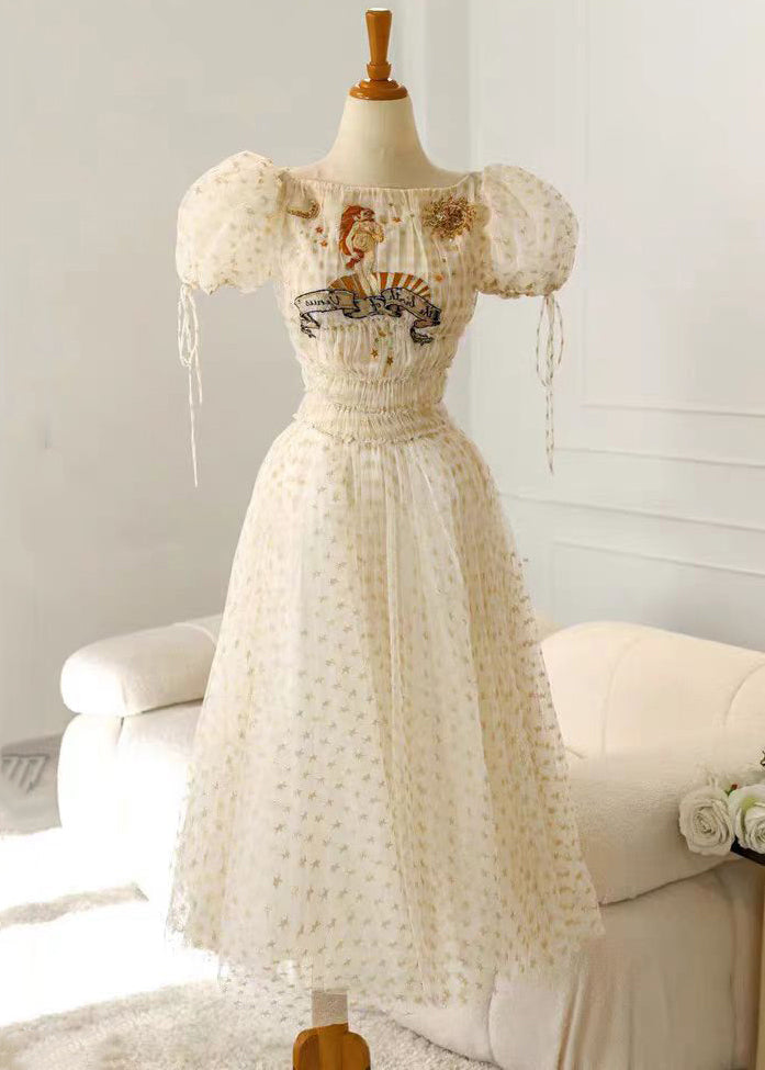 Apricot Ruffled Elastic Waist Tulle Long Dresses Summer