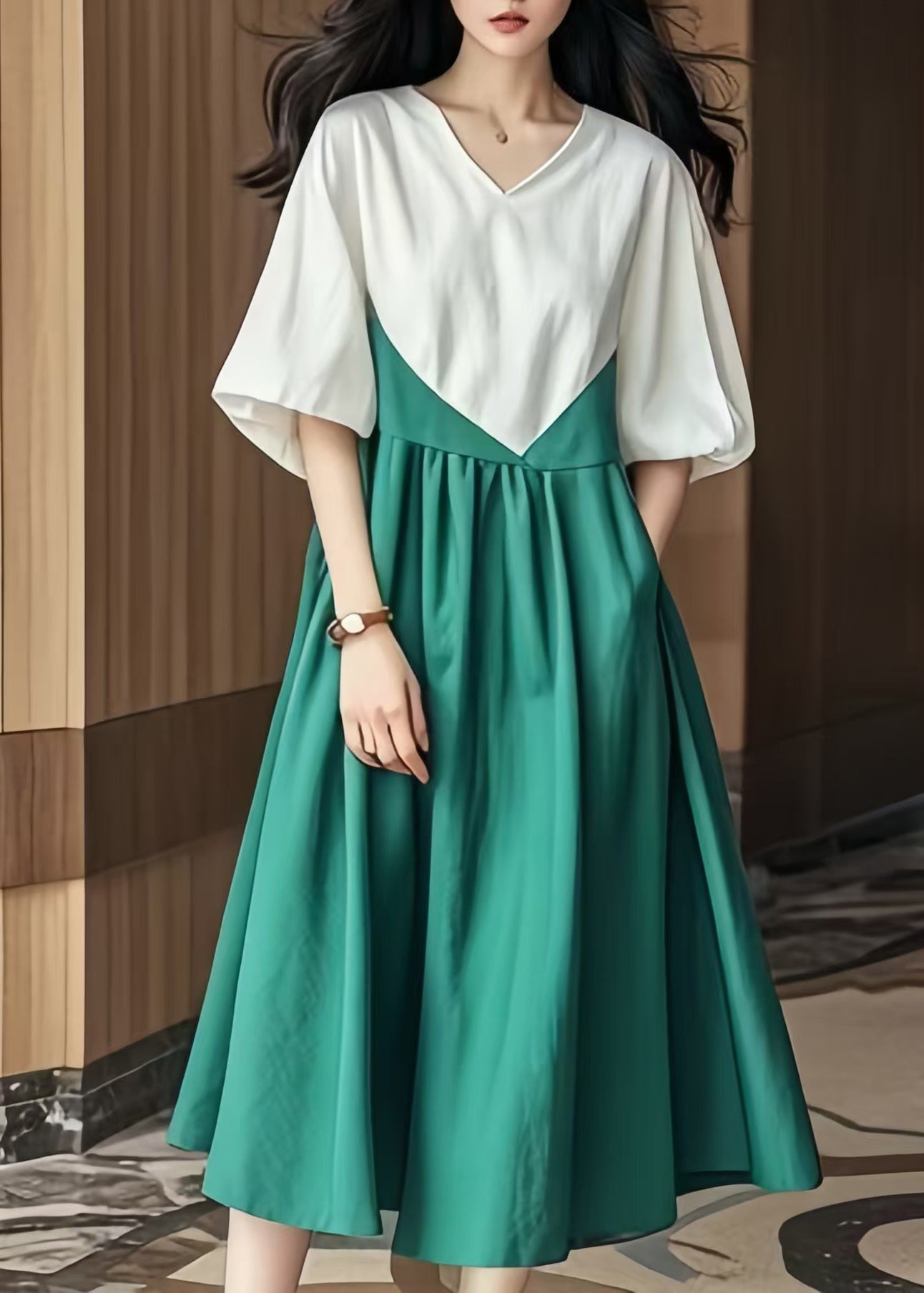 Colorblock V Neck Patchwork Cotton Robe Dresses Lantern Sleeve