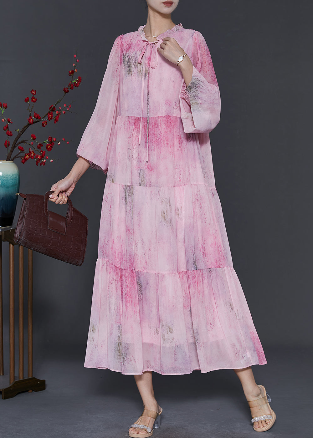 Pink Ruffled Tie Dye Chiffon Maxi Dress Fall