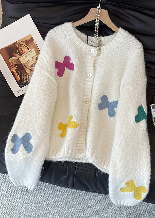 White Bow Button Cozy Wool Knit Cardigan Fall