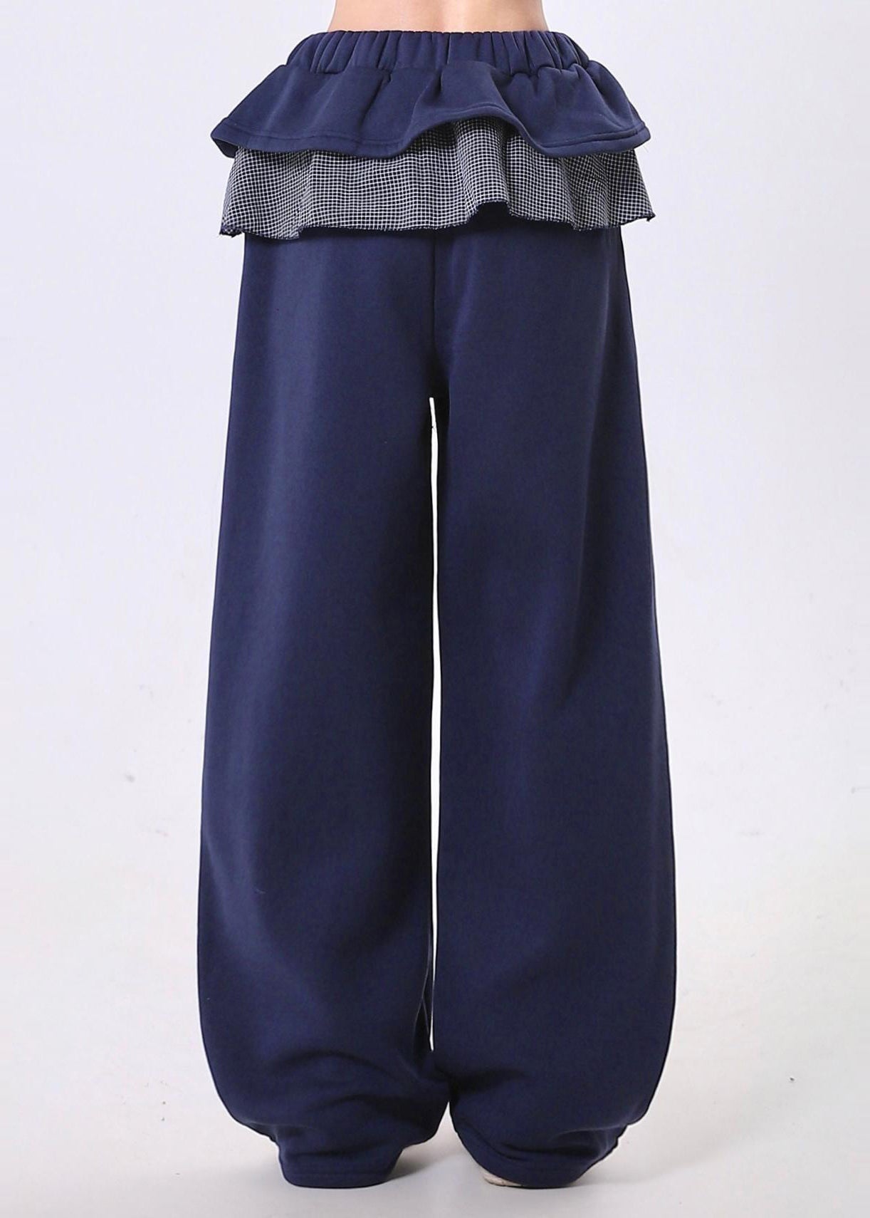 Navy Elastic Waist Patchwork Ruffles Cotton Pants Spring