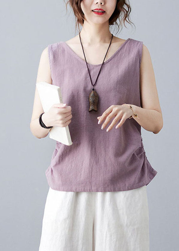 Purple V Neck Wrinkled Color Linen Vests Sleeveless