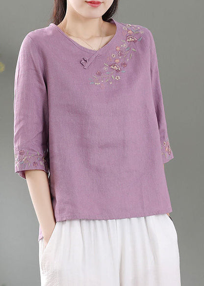 Purple Patchwork Linen Shirt Top O-neck Embroidered Three Quarter Sleeve