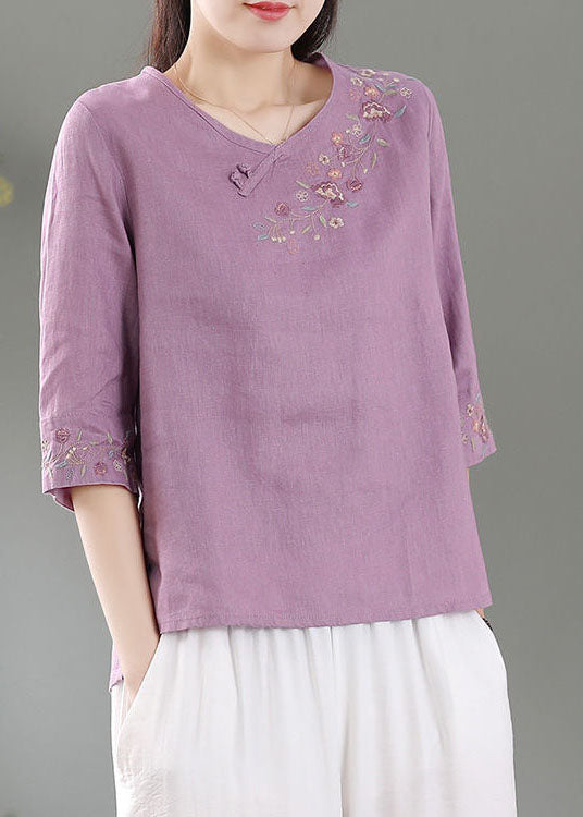 Purple Patchwork Linen Shirt Top O-neck Embroidered Three Quarter Sleeve