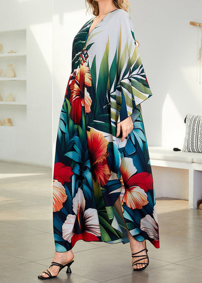 V Neck Print Side Open Cotton Dress Summer