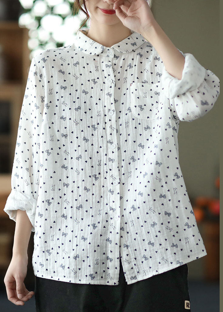White Peter Pan Collar Print Patchwork Cotton Shirts Top Spring
