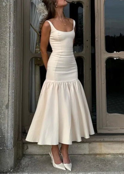 Slim Fit White Wrinkled Patchwork Cotton Spaghetti Strap Dress Summer